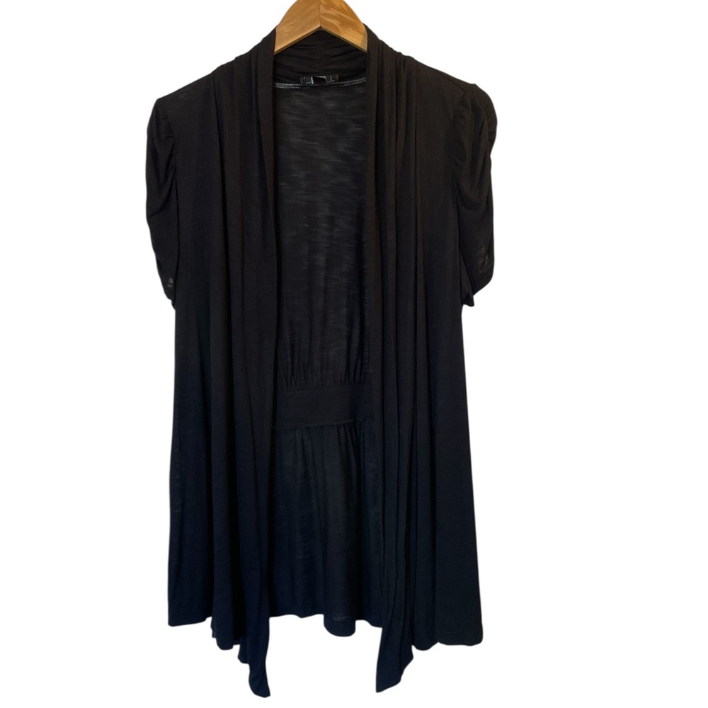 AGB Black Rayon Lightweight Short Sleeve Open Drape Cardigan Sweater - Large XL